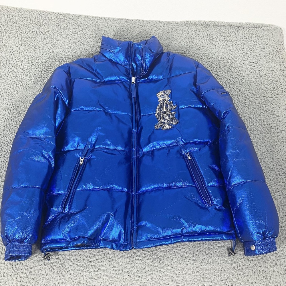 Christian Audigier Jacket Mens Medium Blue Leather‎ Puffer Metallic Y2k